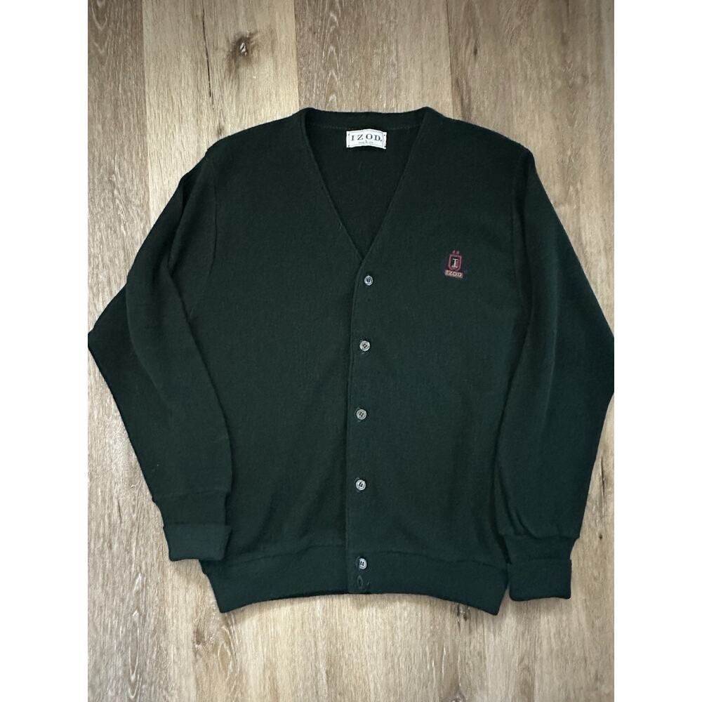 Large Vintage Izod Sweater Mens Green Cardigan Crest USA‎ Button Up